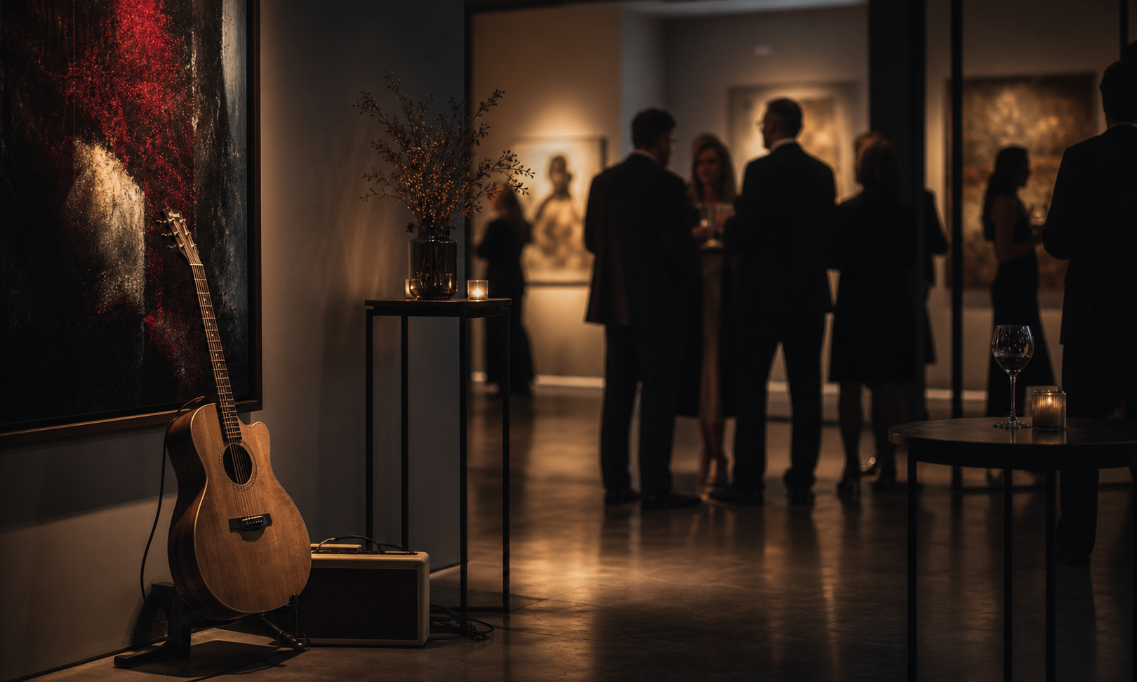 Vernissage und Firmenfeier in einer Galerie mit Gitarre am Rand