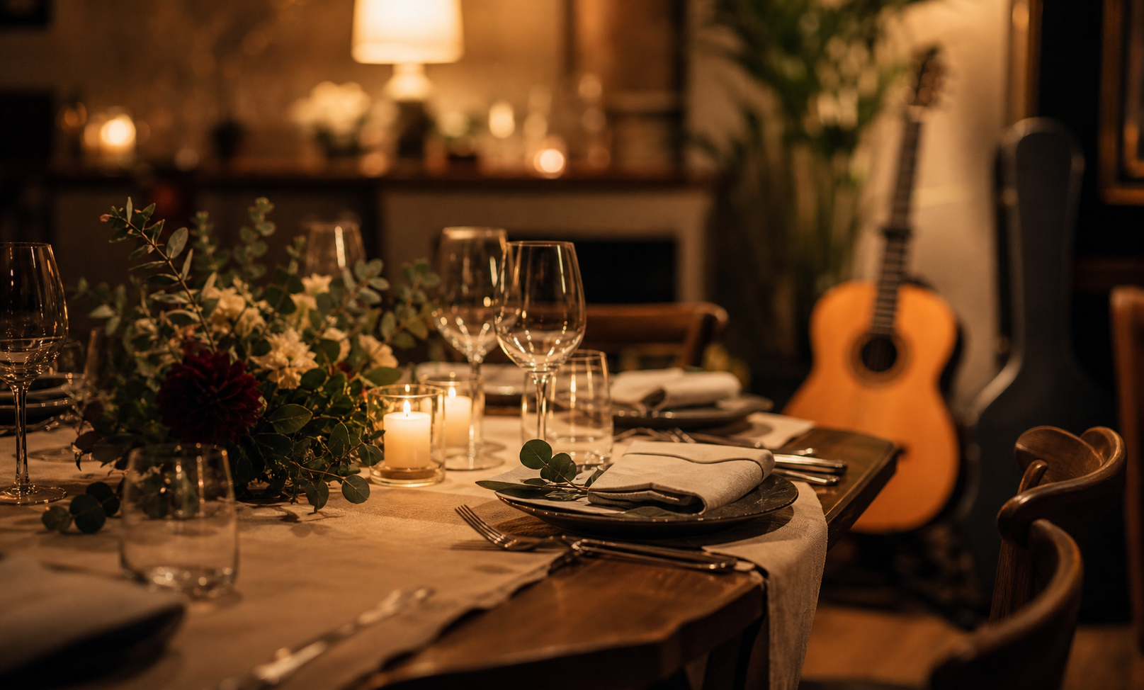 Gedeckter Dinner-Tisch mit Kerzenlicht und Gitarre im Hintergrund