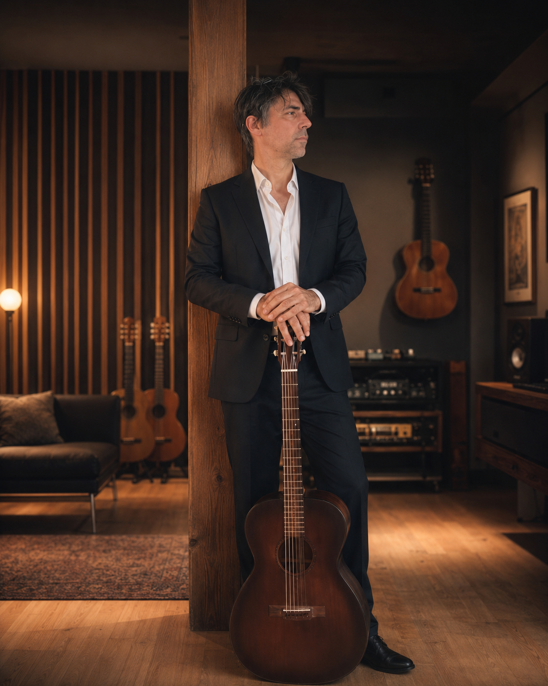 Mario Dancsó steht mit Gitarre in einem warm beleuchteten Studio